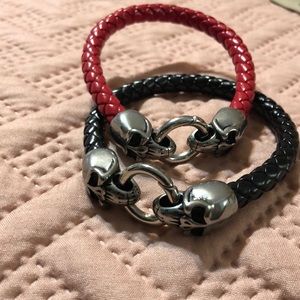 2 Leather/Stainless Steel bracelets w/Skull clasps
